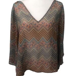 ZOA by Anthropologie Semi Sheer Bat Wing V Neck Multi Print Blouse Poncho Medium